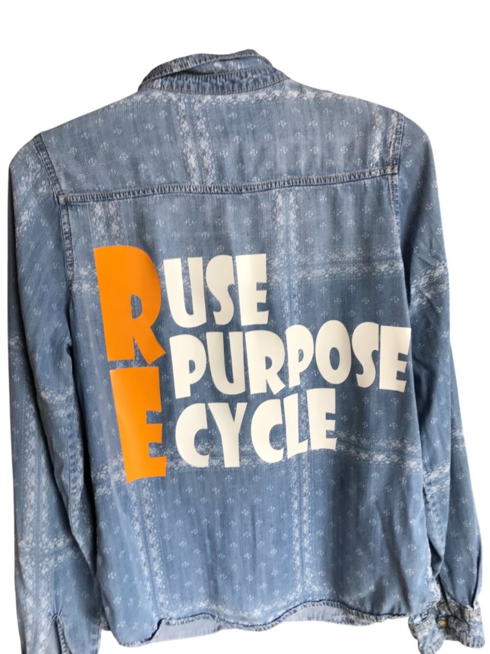 Upcycled Denim Environment Shirt, Reuse Repurpose Recycle Graphic Size Medium